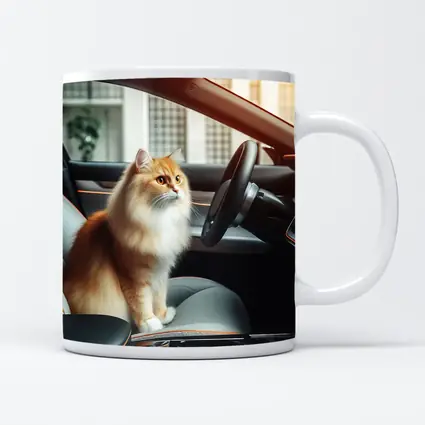 Orange Fluffy Cat Inside Tesla Car Interior