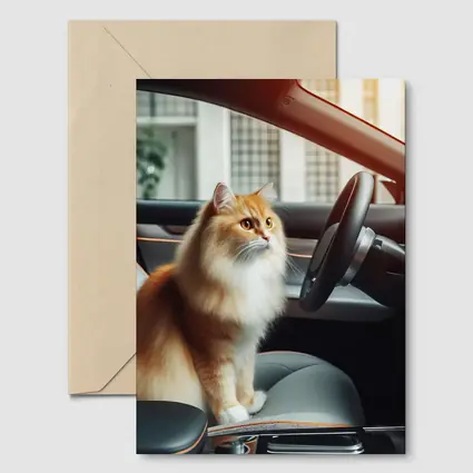 Orange Fluffy Cat Inside Tesla Car Interior