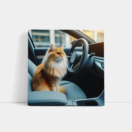 Orange Fluffy Cat Inside Modern Car