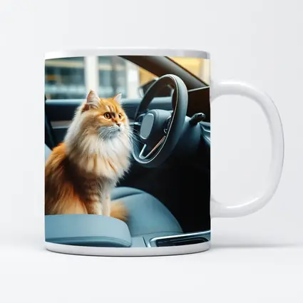 Orange Fluffy Cat Inside Modern Car