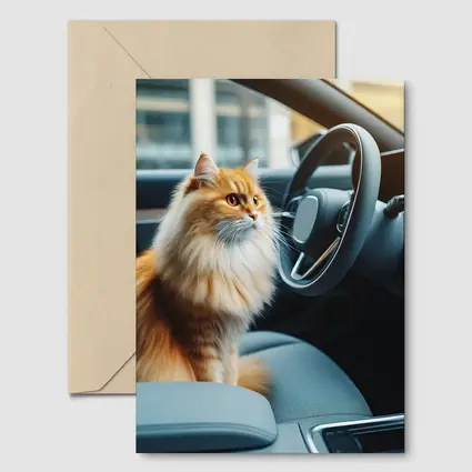 Orange Fluffy Cat Inside Modern Car