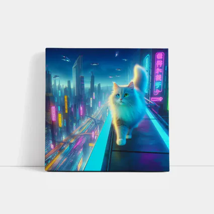 White Cat Neon Cyberpunk Futuristic City