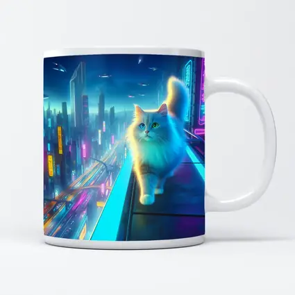 White Cat Neon Cyberpunk Futuristic City