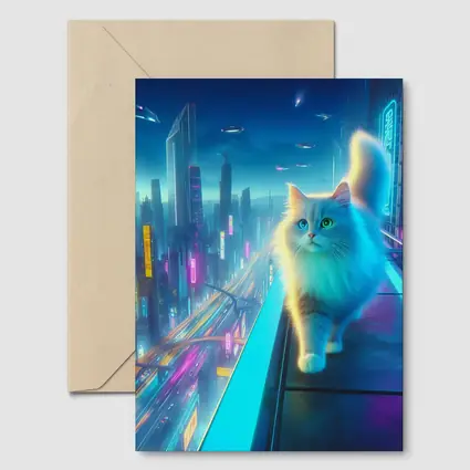 White Cat Neon Cyberpunk Futuristic City
