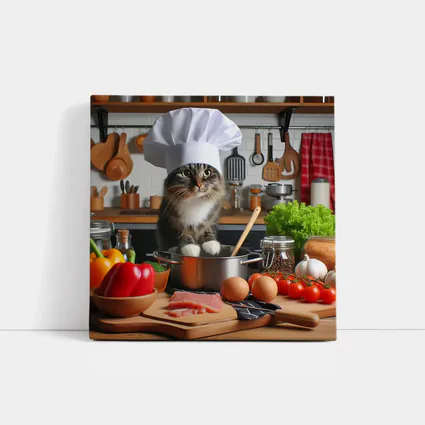 Chef Cat Cooking in Kitchen with Vegetables