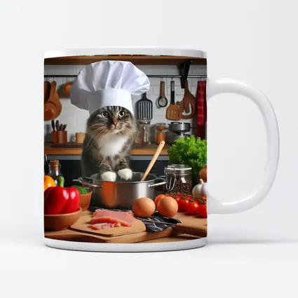 Chef Cat Cooking in Kitchen with Vegetables