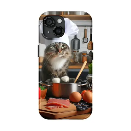Chef Cat Cooking in Kitchen with Vegetables