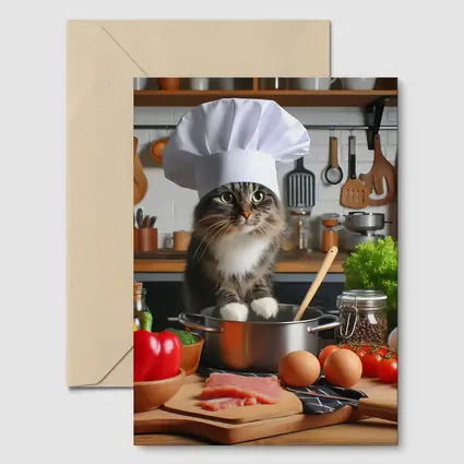 Chef Cat Cooking in Kitchen with Vegetables