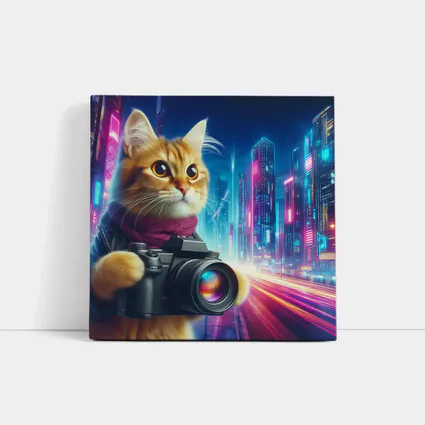 Orange Cat Photographer Cyberpunk Neon City