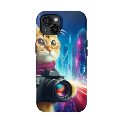 Orange Cat Photographer Cyberpunk Neon City