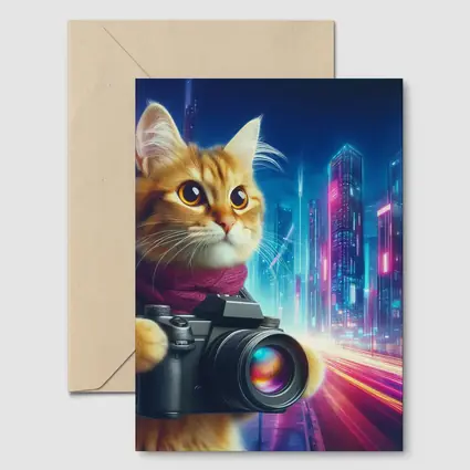 Orange Cat Photographer Cyberpunk Neon City
