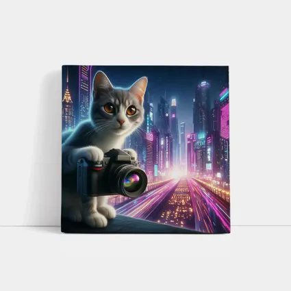 Gray Cat Photographer Neon Cyberpunk City