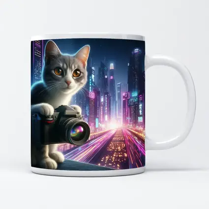 Gray Cat Photographer Neon Cyberpunk City