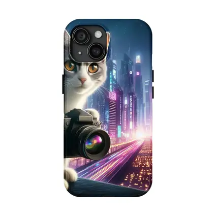 Gray Cat Photographer Neon Cyberpunk City