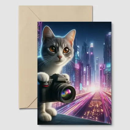 Gray Cat Photographer Neon Cyberpunk City