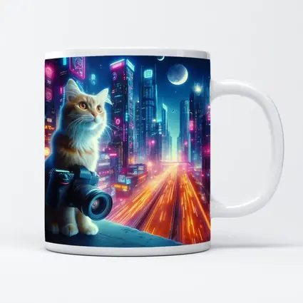 Cat Photographer Neon Cyberpunk City Night
