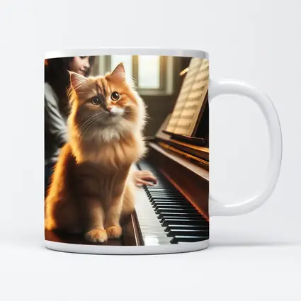 Orange Fluffy Cat Sitting On Piano Keys