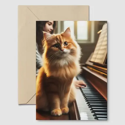Orange Fluffy Cat Sitting On Piano Keys