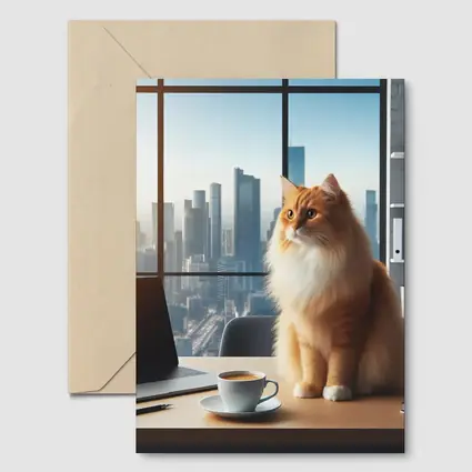 Orange Cat Sitting at Office City View