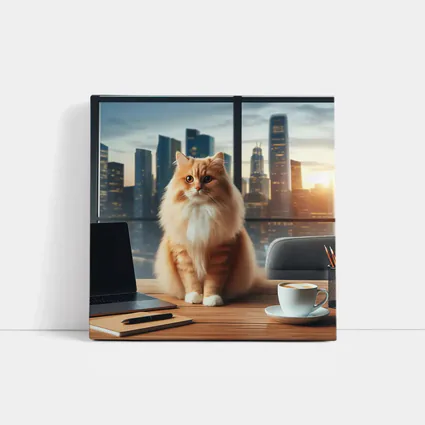Orange Cat Sitting on Office Desk Cityscape
