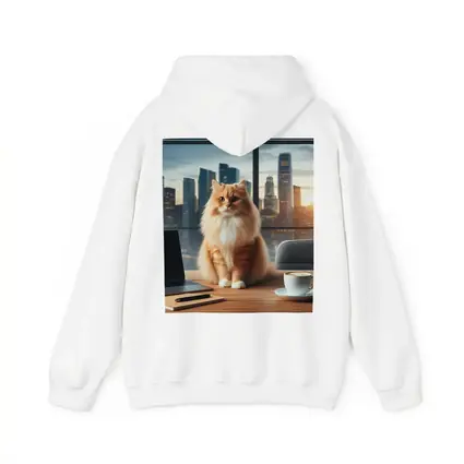 Orange Cat Sitting on Office Desk Cityscape