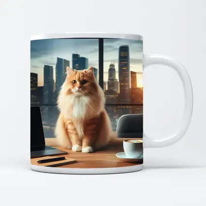 Orange Cat Sitting on Office Desk Cityscape