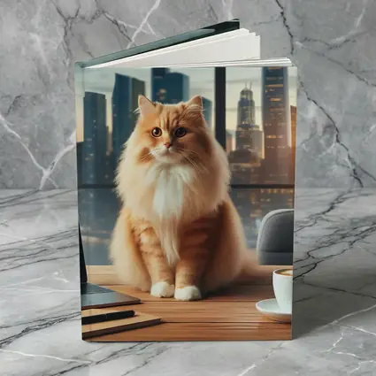 Orange Cat Sitting on Office Desk Cityscape