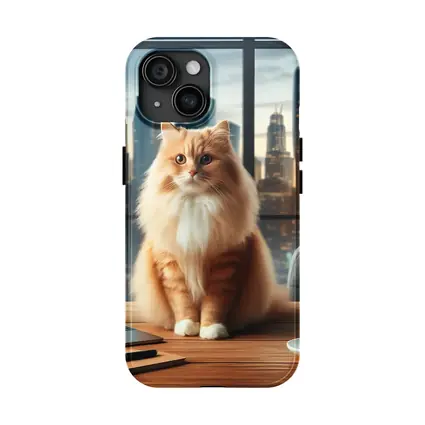 Orange Cat Sitting on Office Desk Cityscape