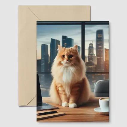 Orange Cat Sitting on Office Desk Cityscape
