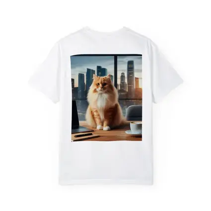 Orange Cat Sitting on Office Desk Cityscape