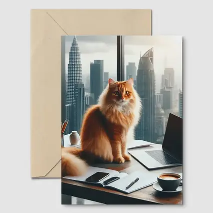Orange Cat Boss City Skyline Office