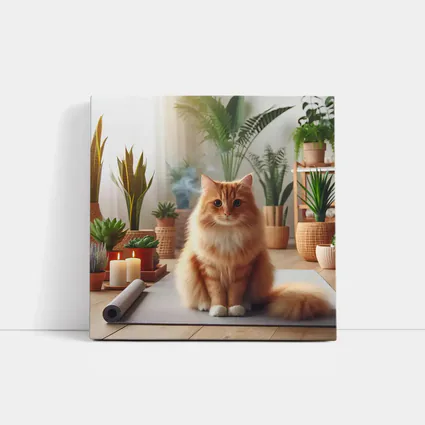 Orange Cat Sitting on Yoga Mat Plants
