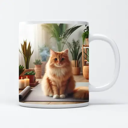 Orange Cat Sitting on Yoga Mat Plants