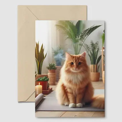 Orange Cat Sitting on Yoga Mat Plants