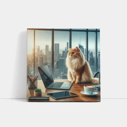 Fluffy Orange Cat City Office Skyline