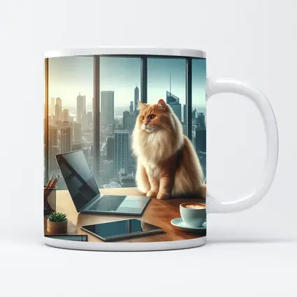 Fluffy Orange Cat City Office Skyline