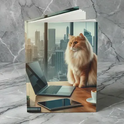 Fluffy Orange Cat City Office Skyline