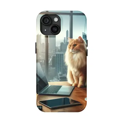 Fluffy Orange Cat City Office Skyline