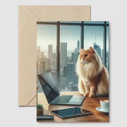 Fluffy Orange Cat City Office Skyline