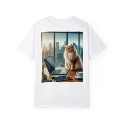 Fluffy Orange Cat City Office Skyline