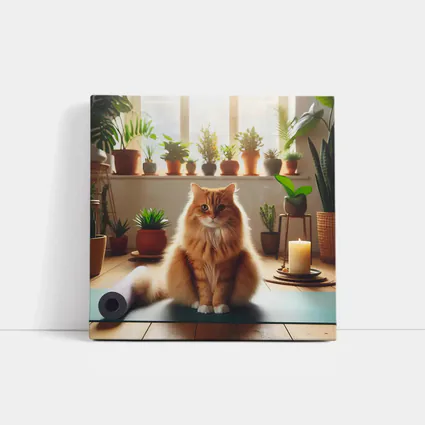 Orange Cat on Yoga Mat with Plants