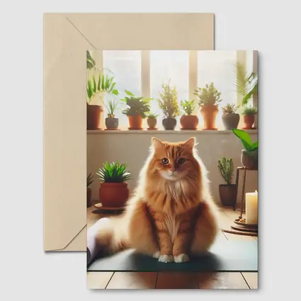 Orange Cat on Yoga Mat with Plants