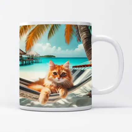 Orange Cat Relaxing Hammock Tropical Beach
