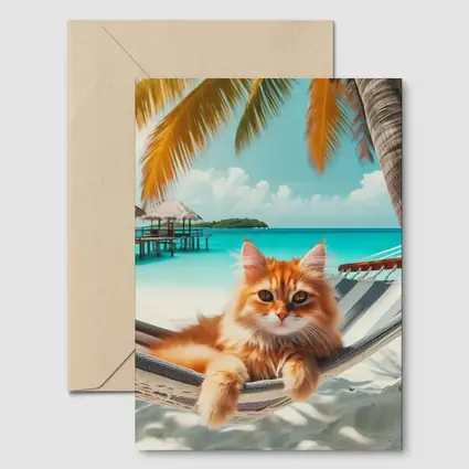 Orange Cat Relaxing Hammock Tropical Beach