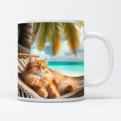 Orange Long Hair Cat Relaxing Tropical Beach