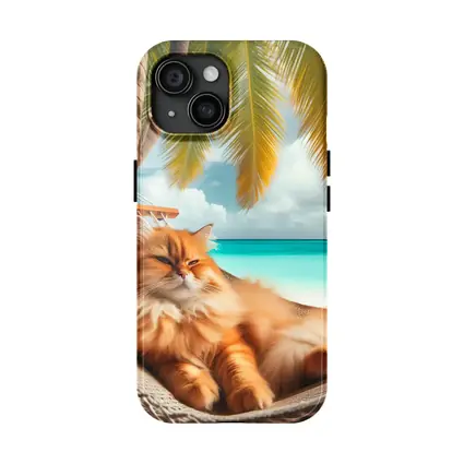 Orange Long Hair Cat Relaxing Tropical Beach