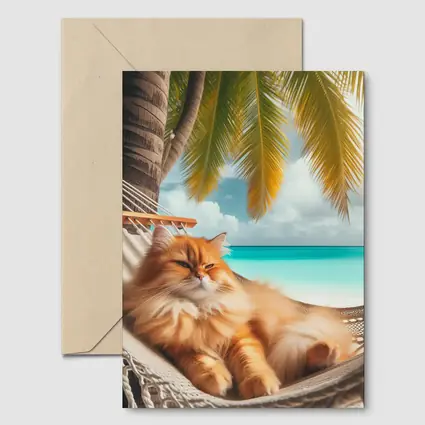 Orange Long Hair Cat Relaxing Tropical Beach