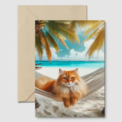 Orange Cat Relaxing Hammock Tropical Beach