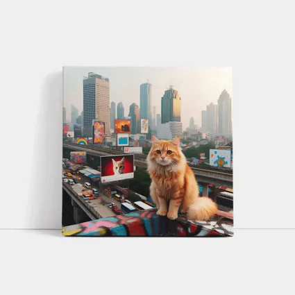 Orange Cat Sitting City Skyline Rooftop