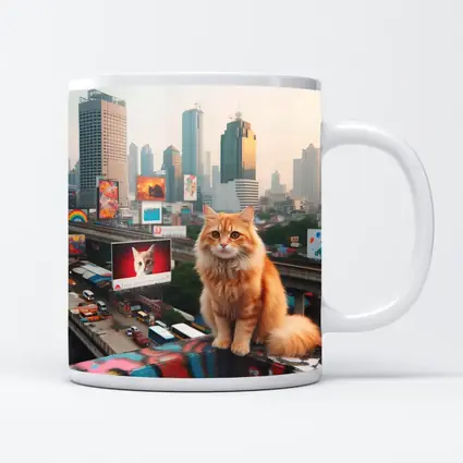 Orange Cat Sitting City Skyline Rooftop